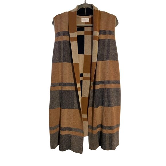 Jillian Nicole Women Sleeveless Open Front Plaid Cardigan XL Tan Black Lagenlook - Picture 1 of 9